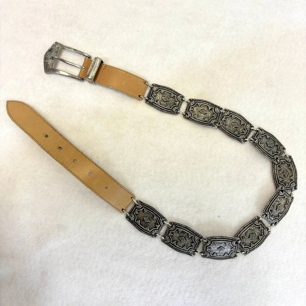 VTG The Limited Genuine Leather Tan‎ Belt Silver Ornate Western Buckle Boho M